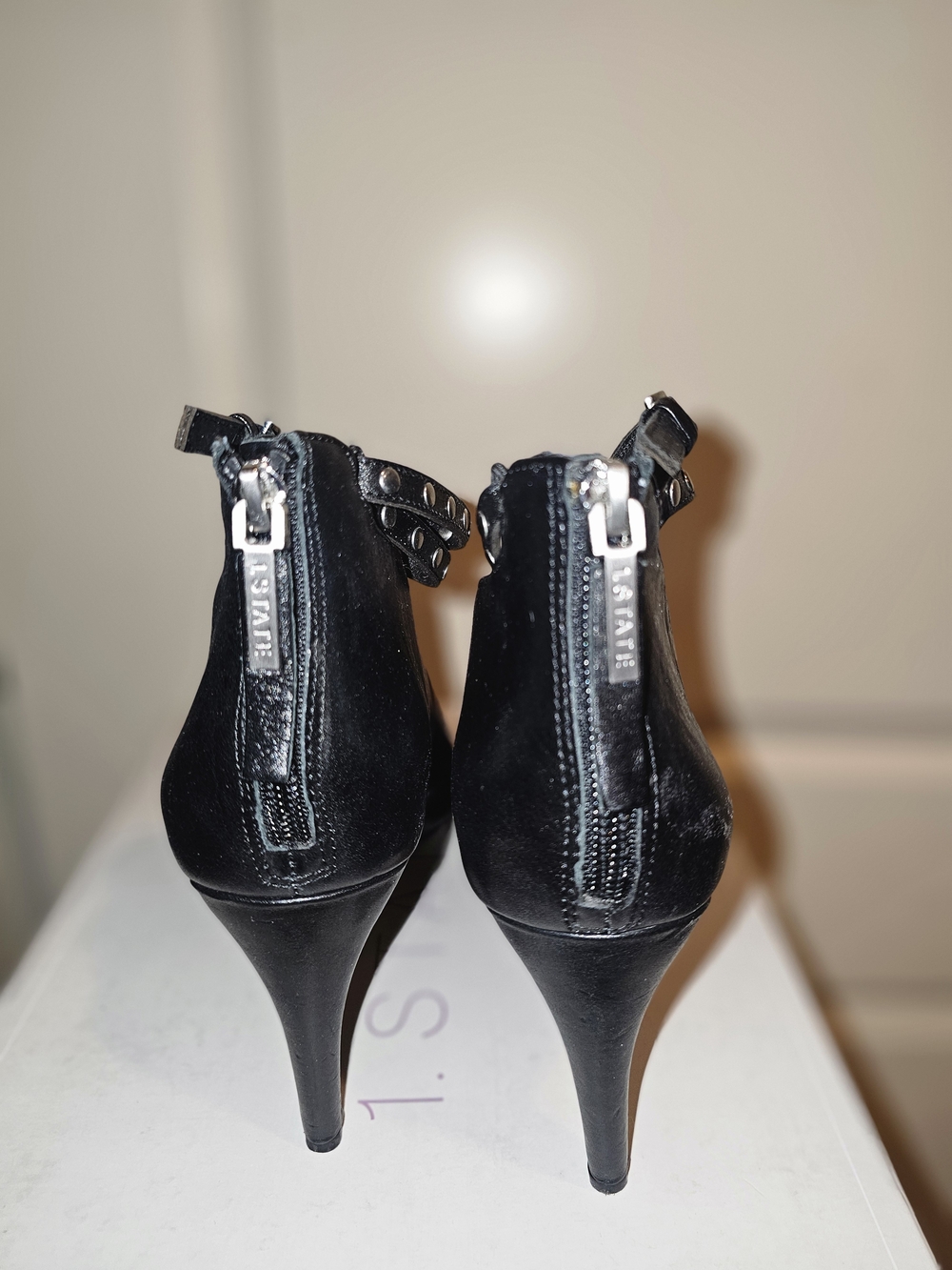 1. State Black Suede Studded Ankle Heels with Back Zip